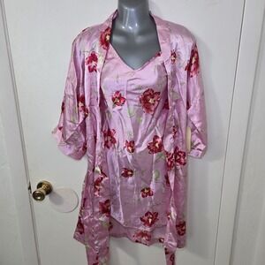 Audrey Lane Satin Slip Dress Floral Pink & Robe Nightgown 2Pc Sleepwear NWT